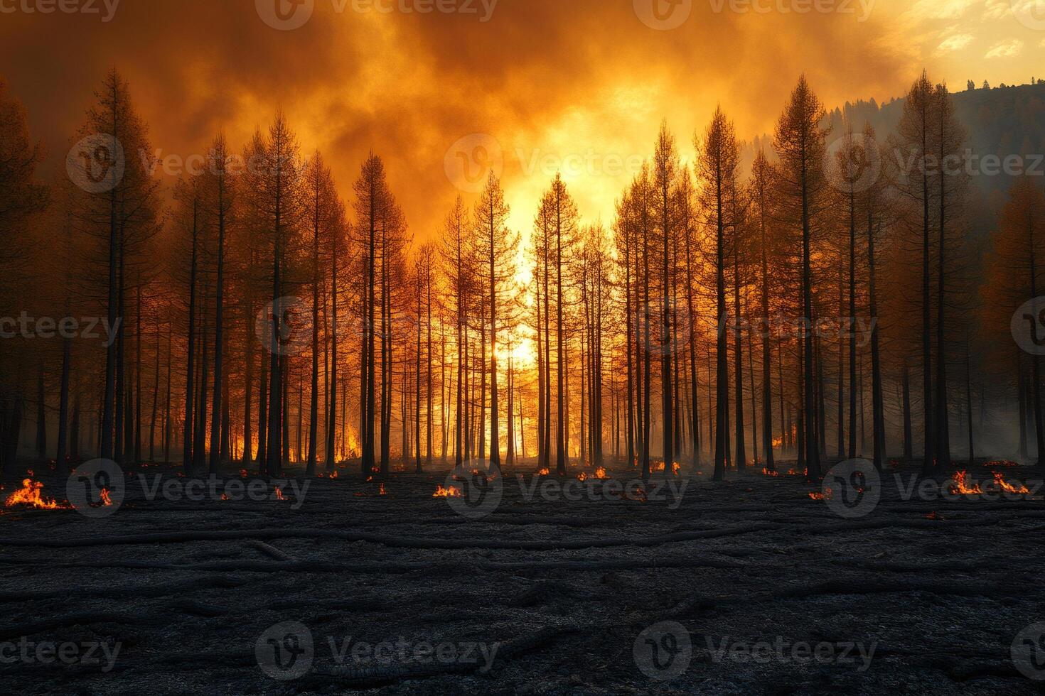 Wildfire burning forest at sunset creating orange sky photo