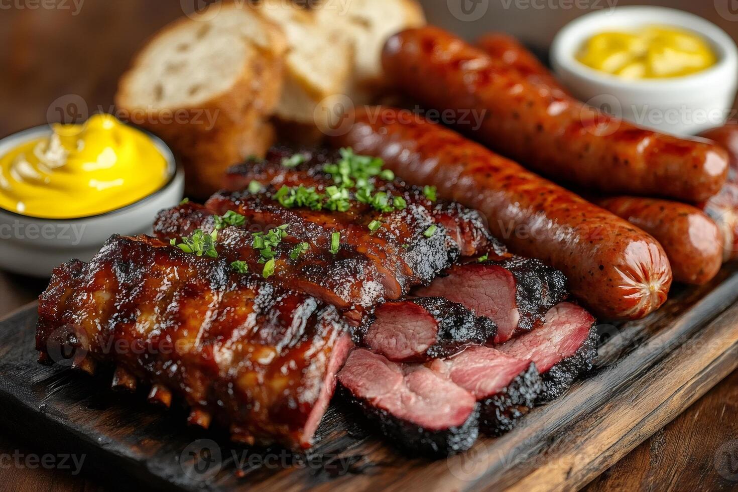 Delicious smoked barbecue ribs, sausages, and brisket with mustard and bread photo