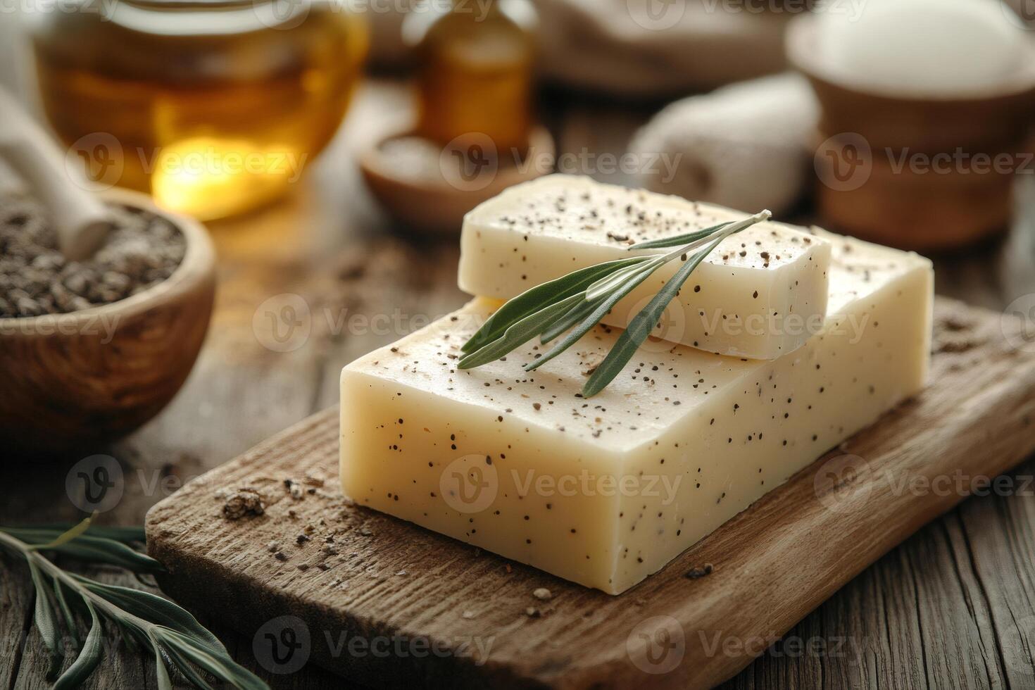 Two bars of herbal soap with spices on a wooden board photo