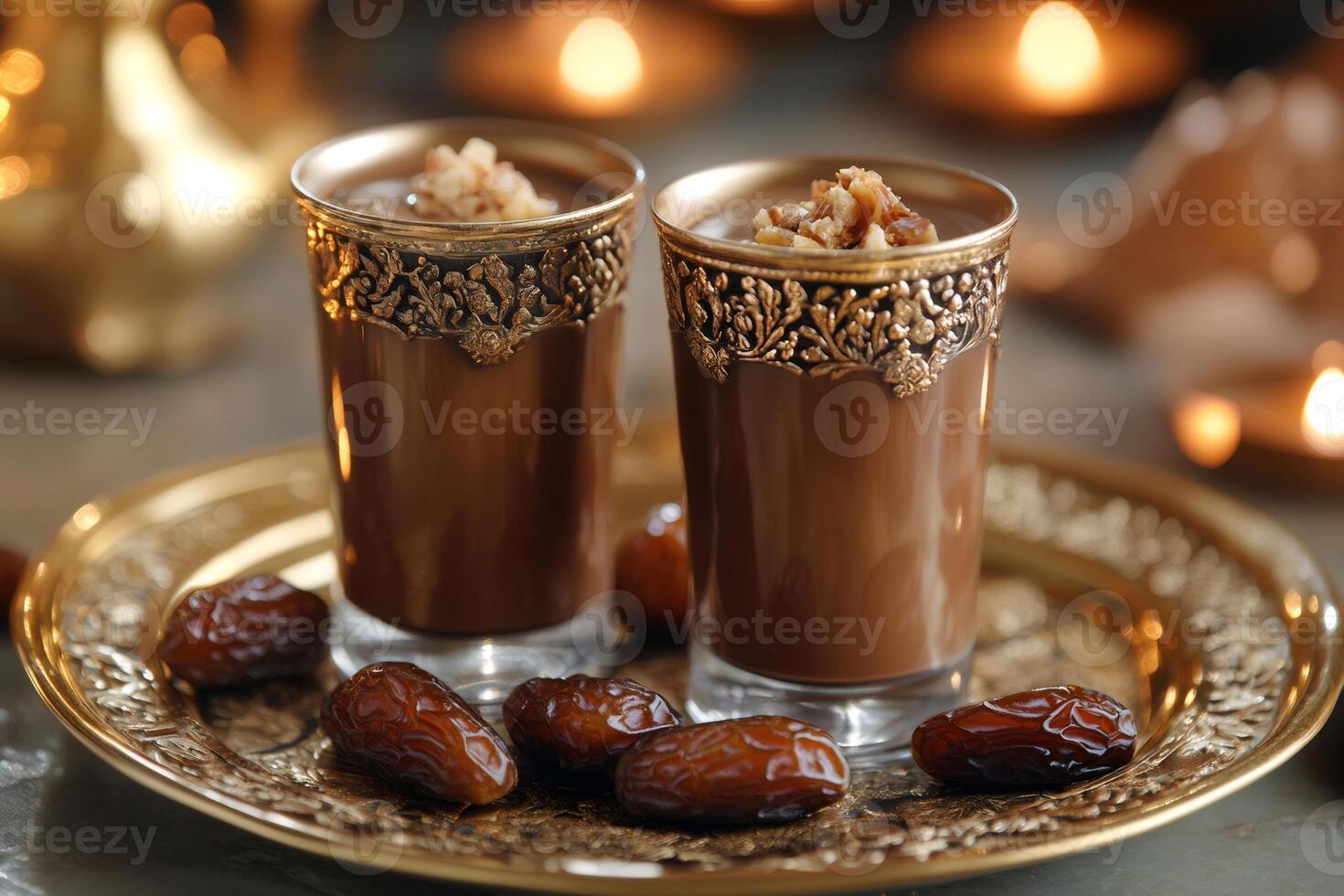 Two glasses of chocolate drink garnished with walnuts and dates on golden tray photo