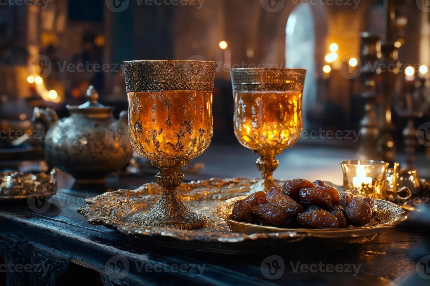 Two ornate goblets with dates and teapot on a golden tray in candlelit setting photo