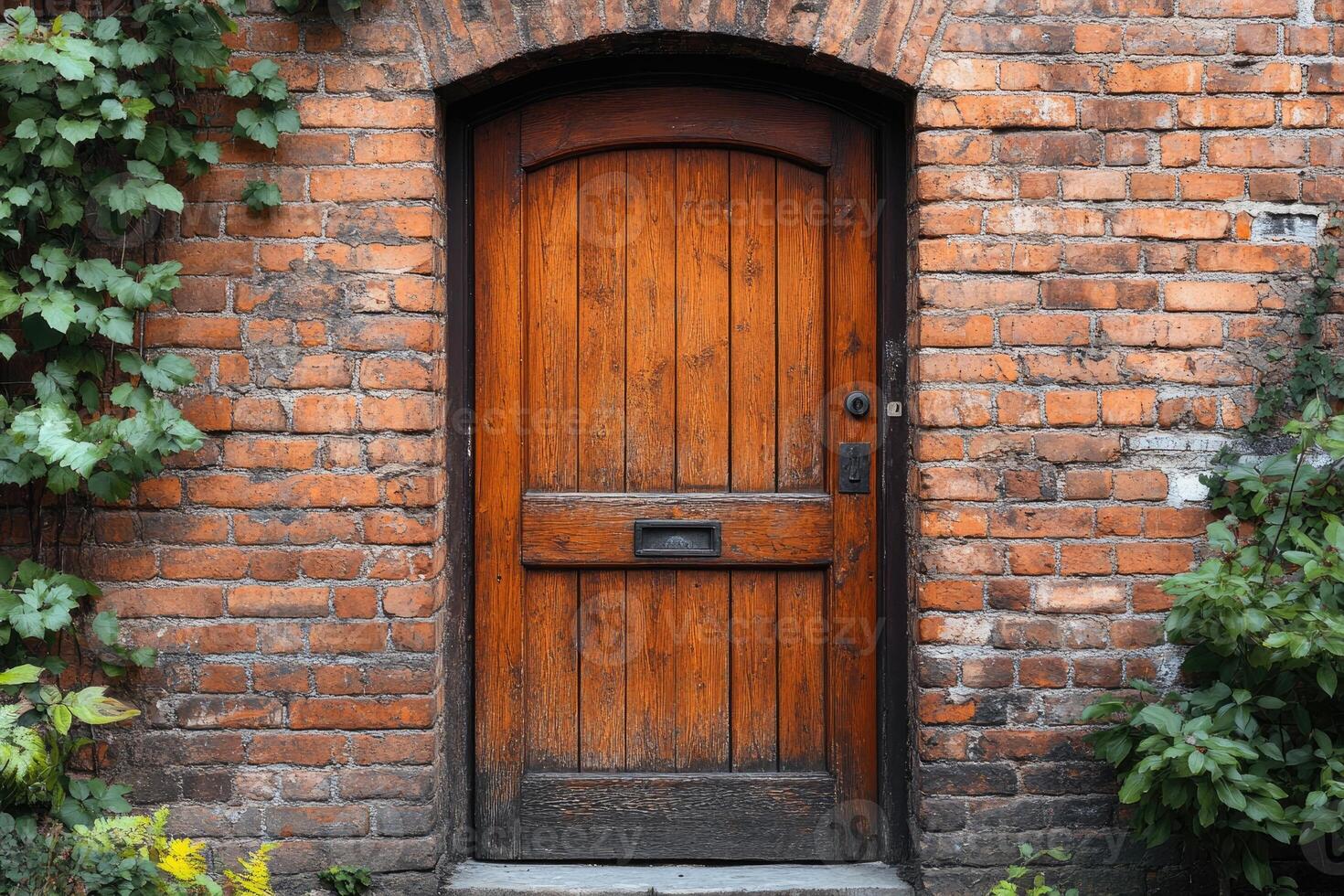 Rustic wooden door set in brick wall architecture . photo