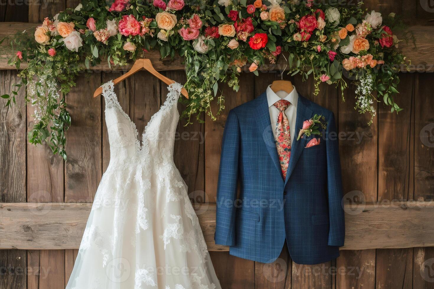 Wedding dress and groom suit hanging on wooden wall with flower decoration photo