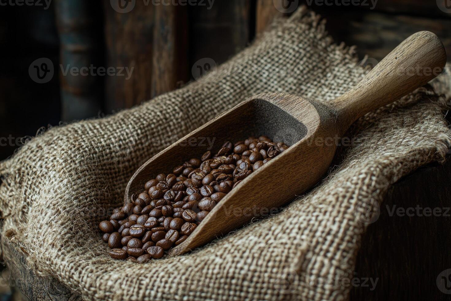 Rustic coffee beans in wooden scoop on burlap photo