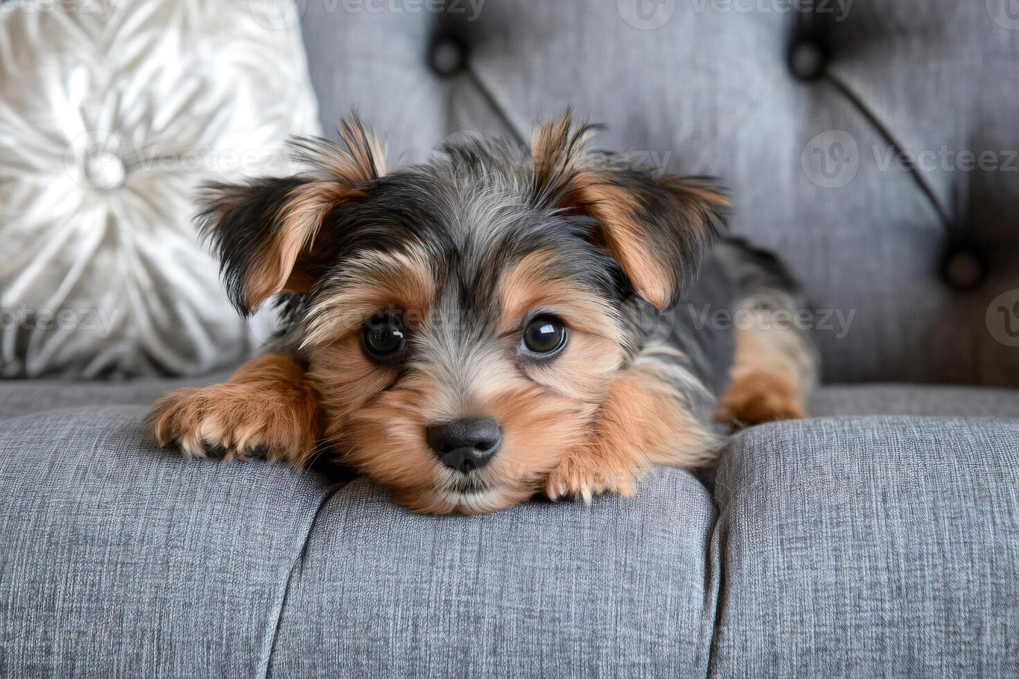 Adorable puppy relaxing on a comfortable sofa photo