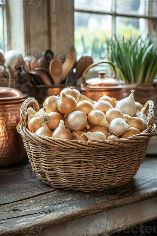 Fresh onions resting in a wicker basket in a rustic kitchen setting photo