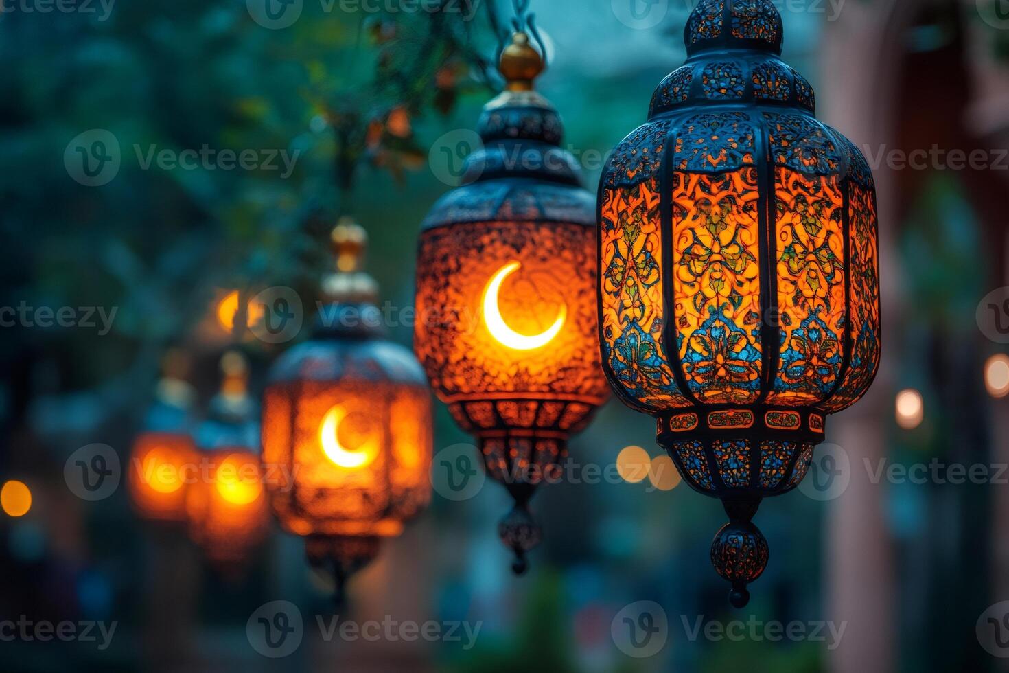 Illuminated arabic lanterns showing crescent moon symbol during ramadan photo
