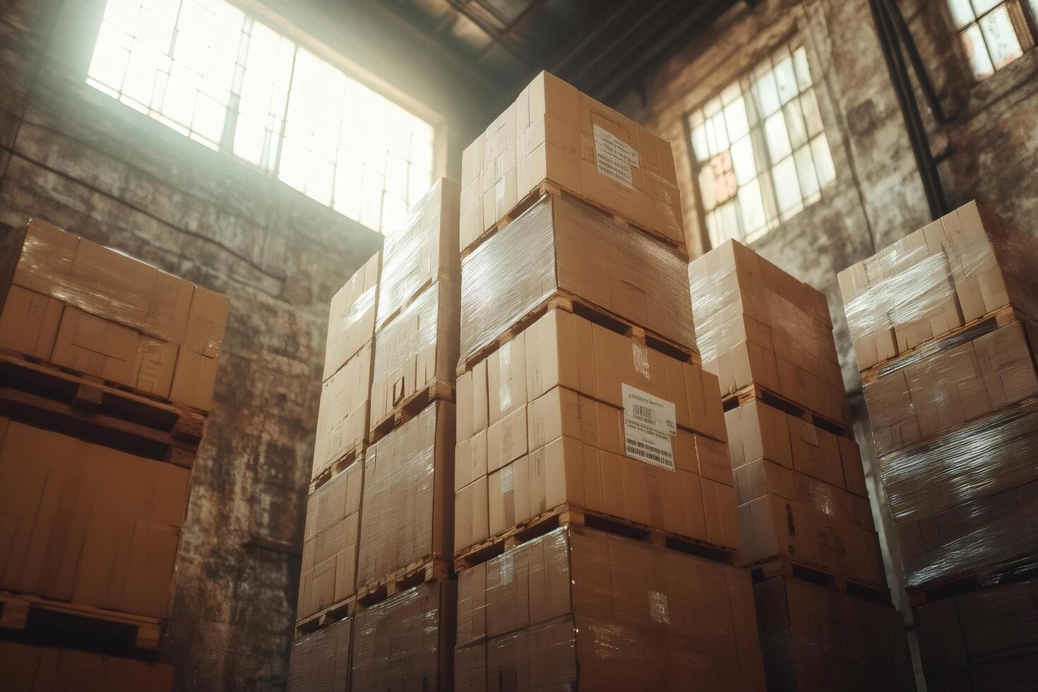 Stacked cardboard boxes in industrial warehouse. photo