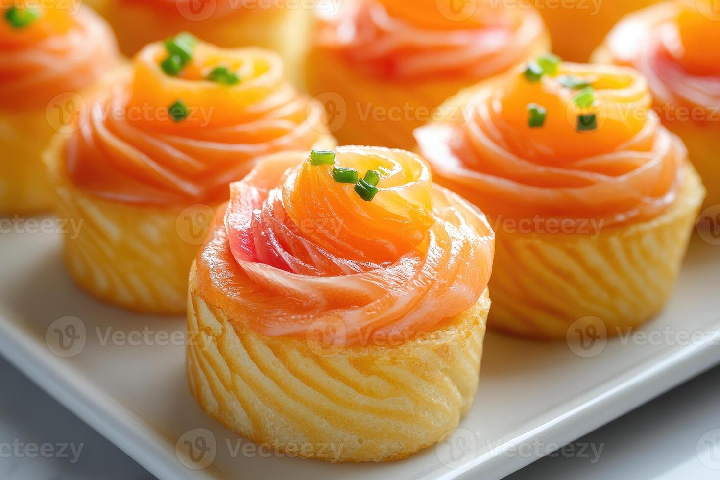 Gourmet sushi cupcakes with salmon roses garnished photo