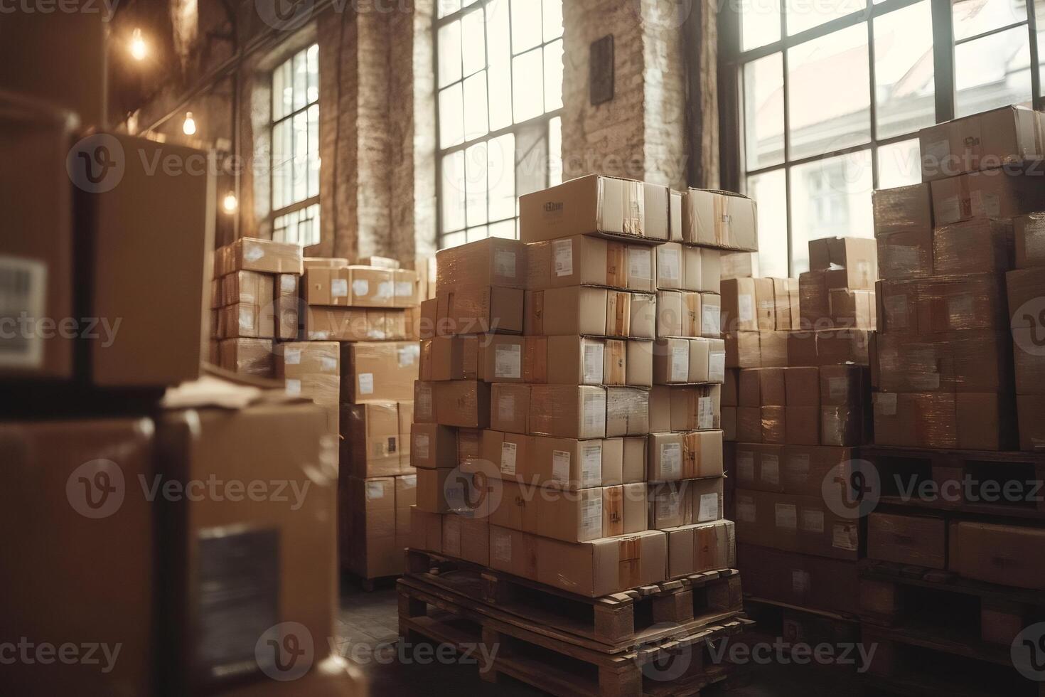 Stacked cardboard boxes in industrial warehouse . photo