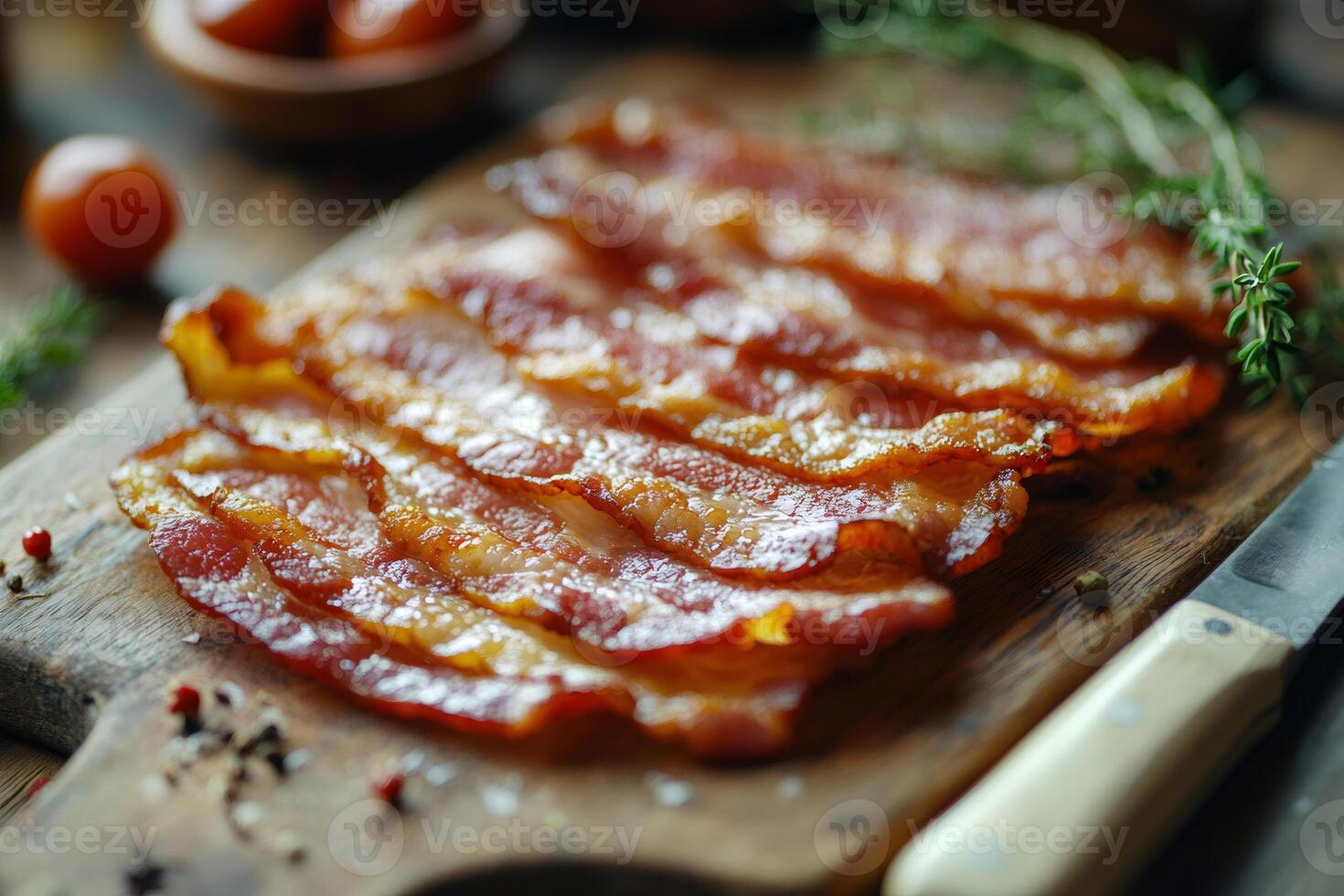 Delicious crispy bacon strips lying on wooden cutting board photo