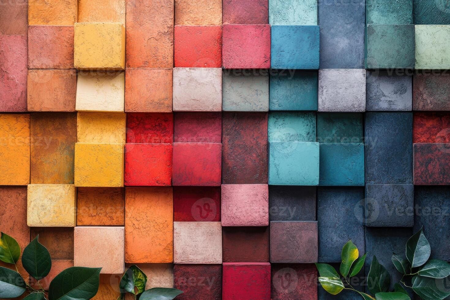 Colorful cubes creating a vibrant and textured mosaic design with green leaves photo