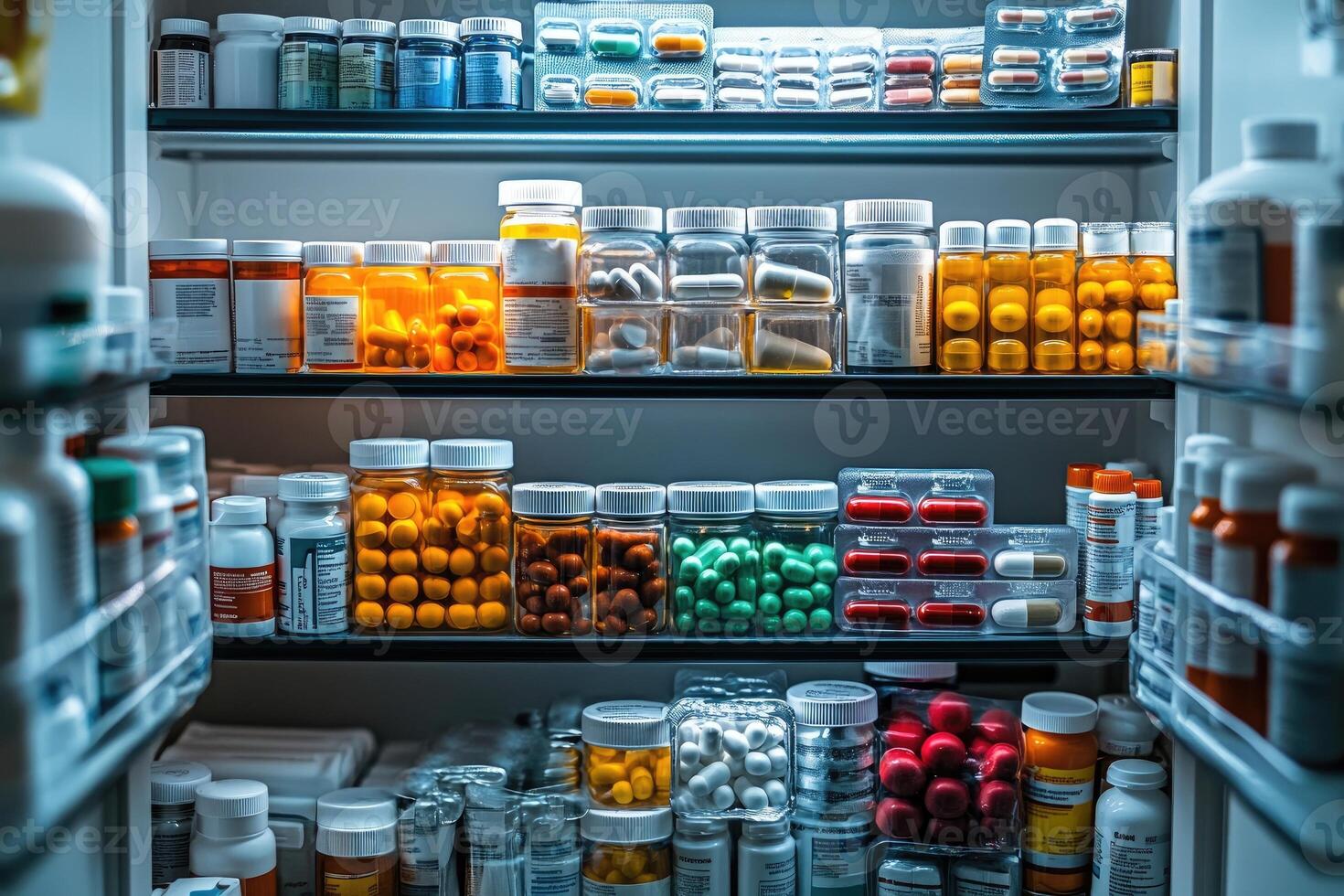 Organized pharmaceutical storage with various medications . photo