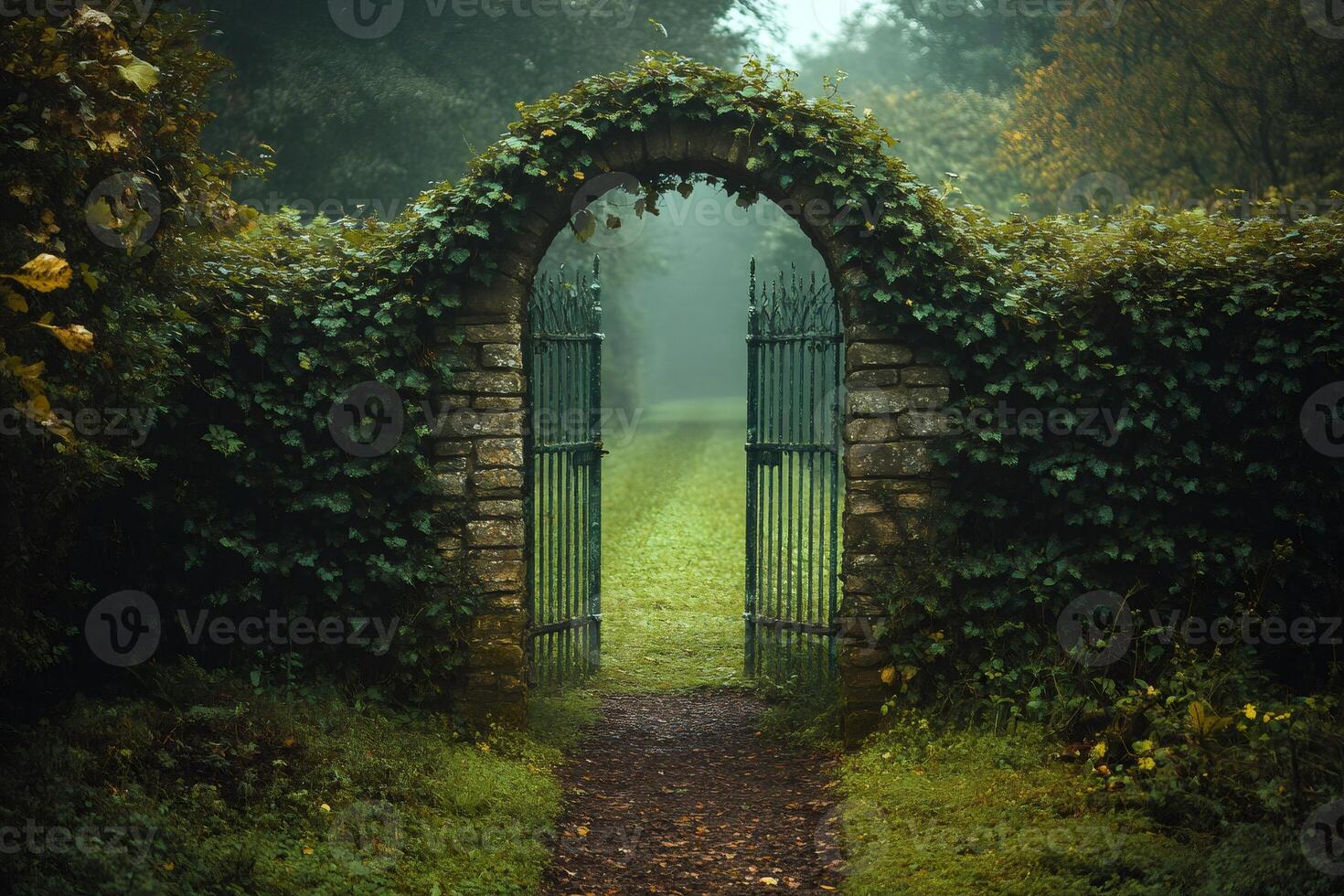 Open iron gate covered by ivy in a foggy garden leads to mystery photo