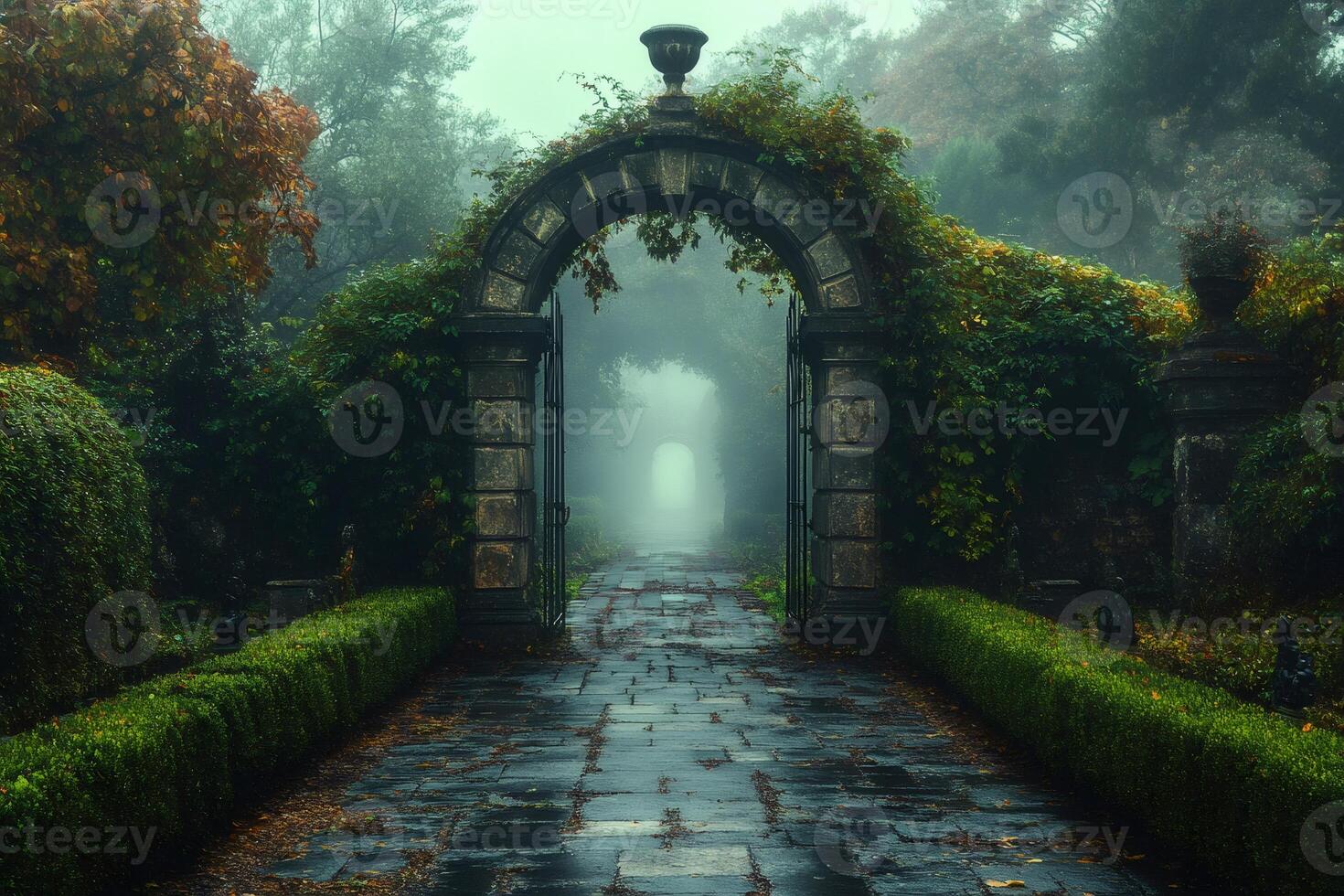 Stone archway covered with vines leading to foggy garden path photo