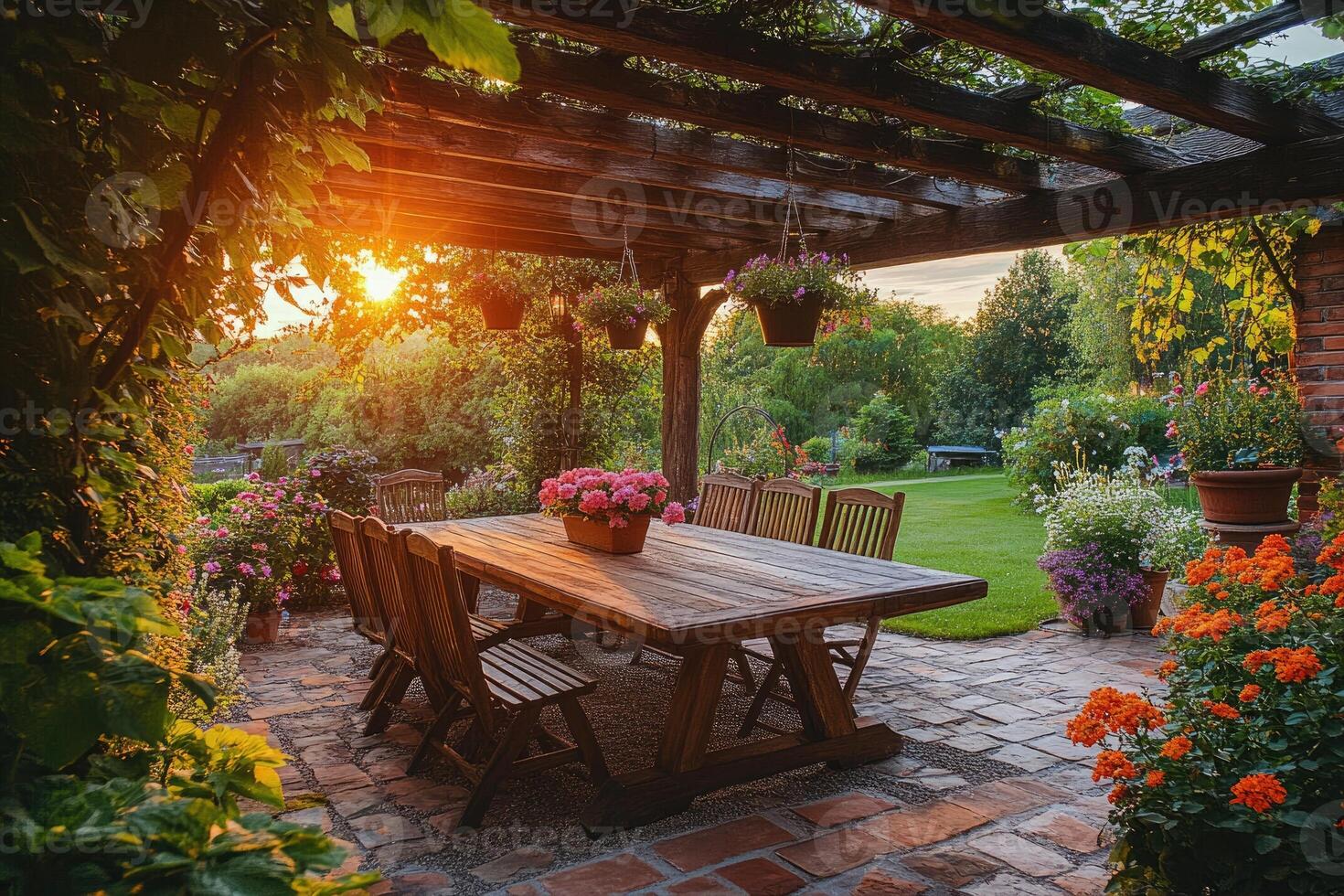 Wooden table under pergola embraces the sunset in a lush garden photo