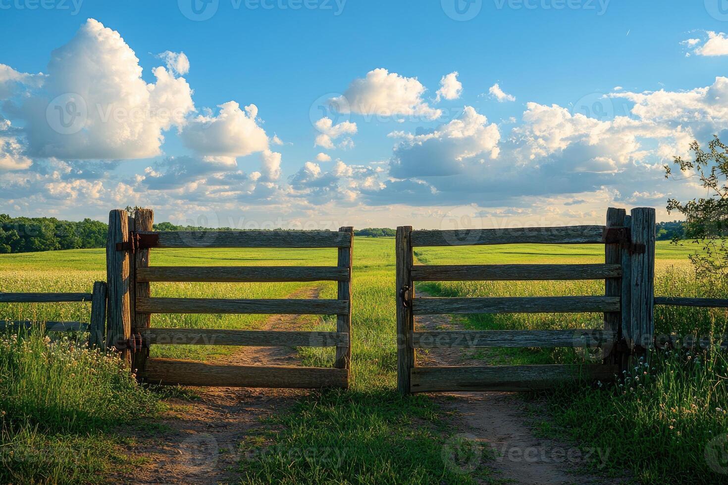 Open wooden gate leading to green field under cloudy sky . photo