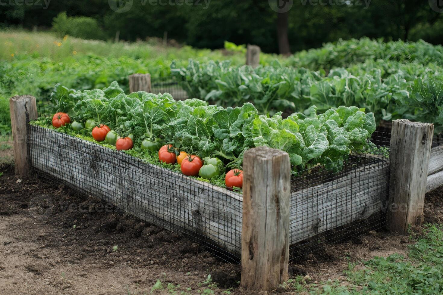 Growing vegetables in raised garden beds protecting with wire mesh photo