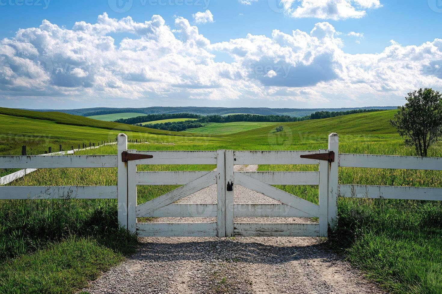 White wooden gate opening into green rolling hills under cloudy sky photo