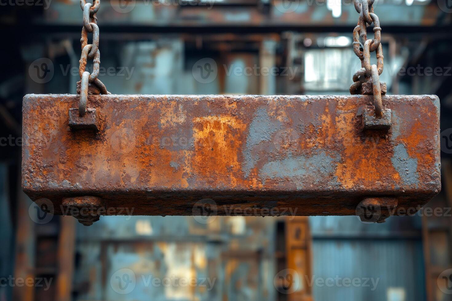 Rusty metal block hanging from chains in industrial setting photo