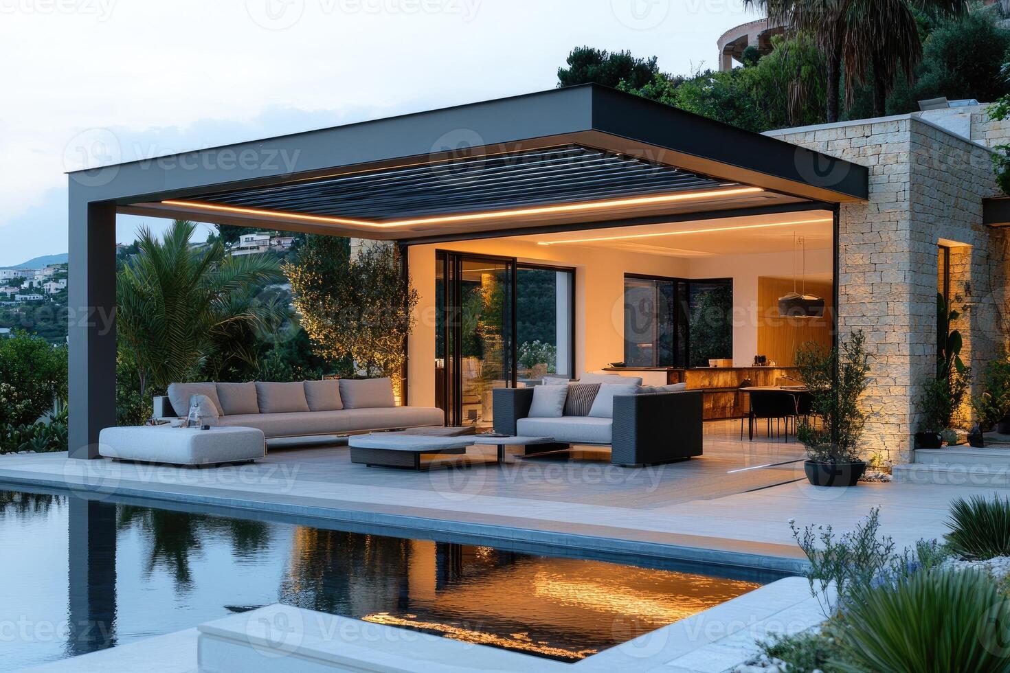 Modern luxury villa with illuminated pergola and infinity pool at dusk photo