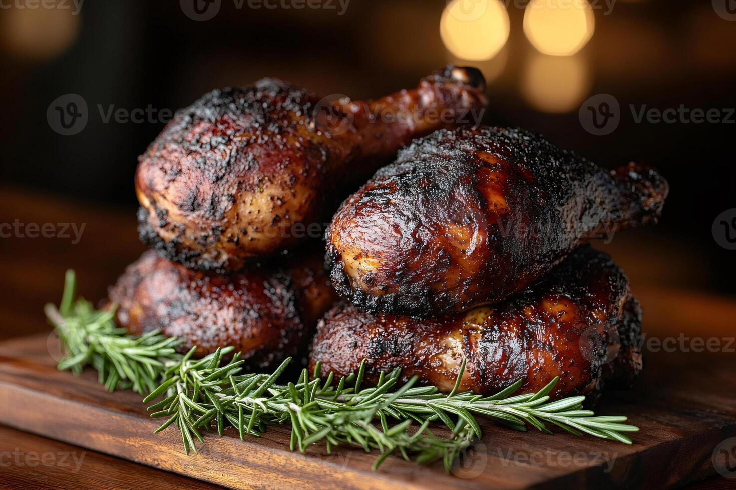 Delicious roasted chicken legs garnished with rosemary on wooden cutting board photo