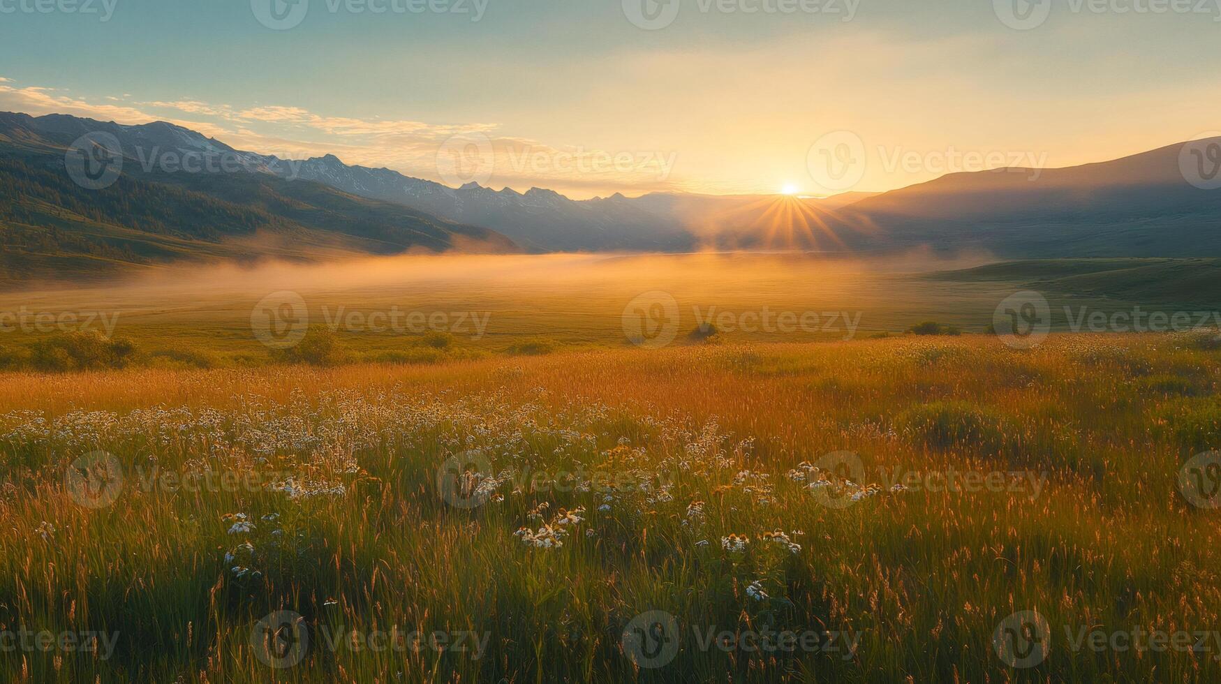 Sunrise illuminating foggy meadow and wildflowers in mountain valley photo