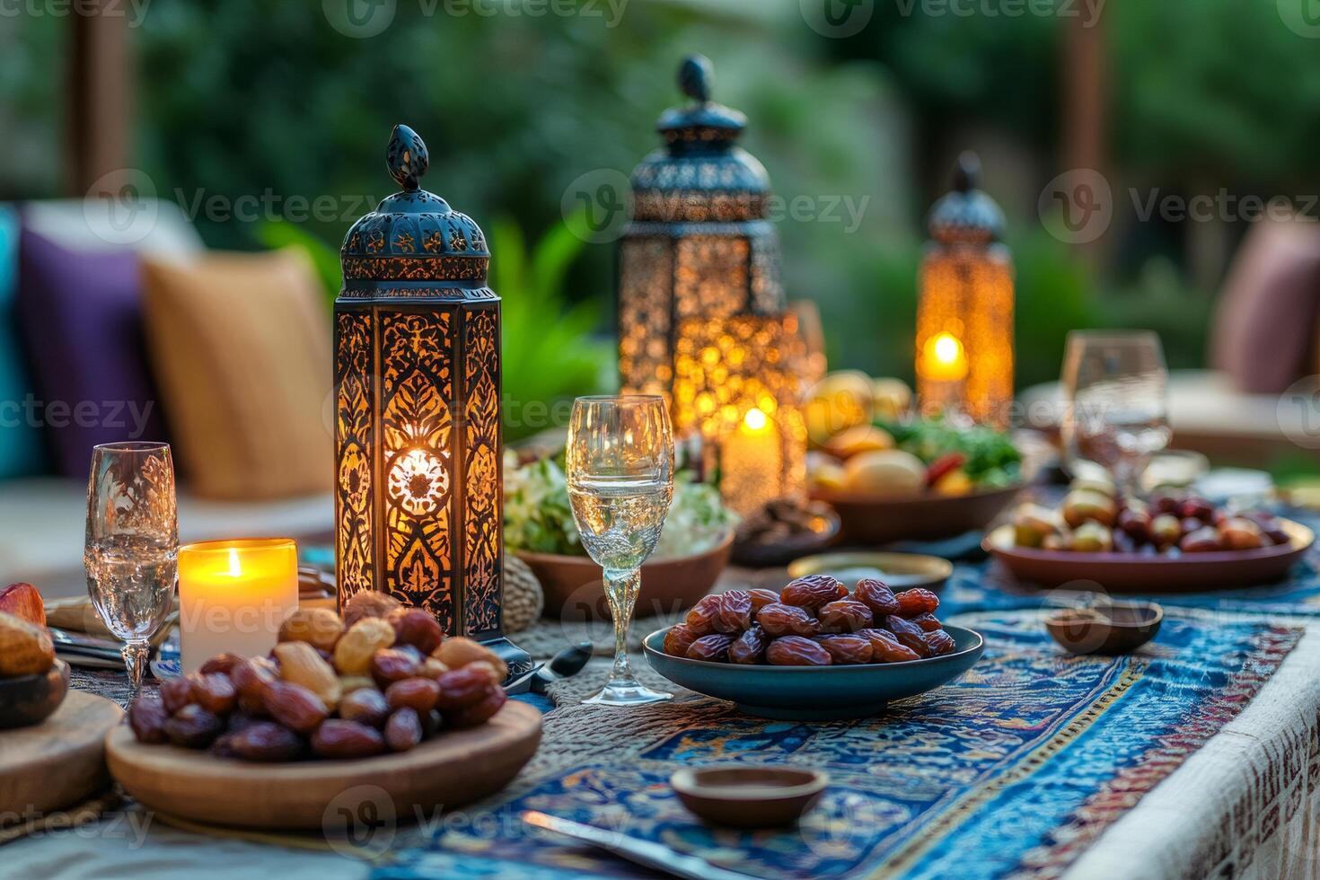 Ornate lanterns illuminating iftar dinner table with dates and fruits photo