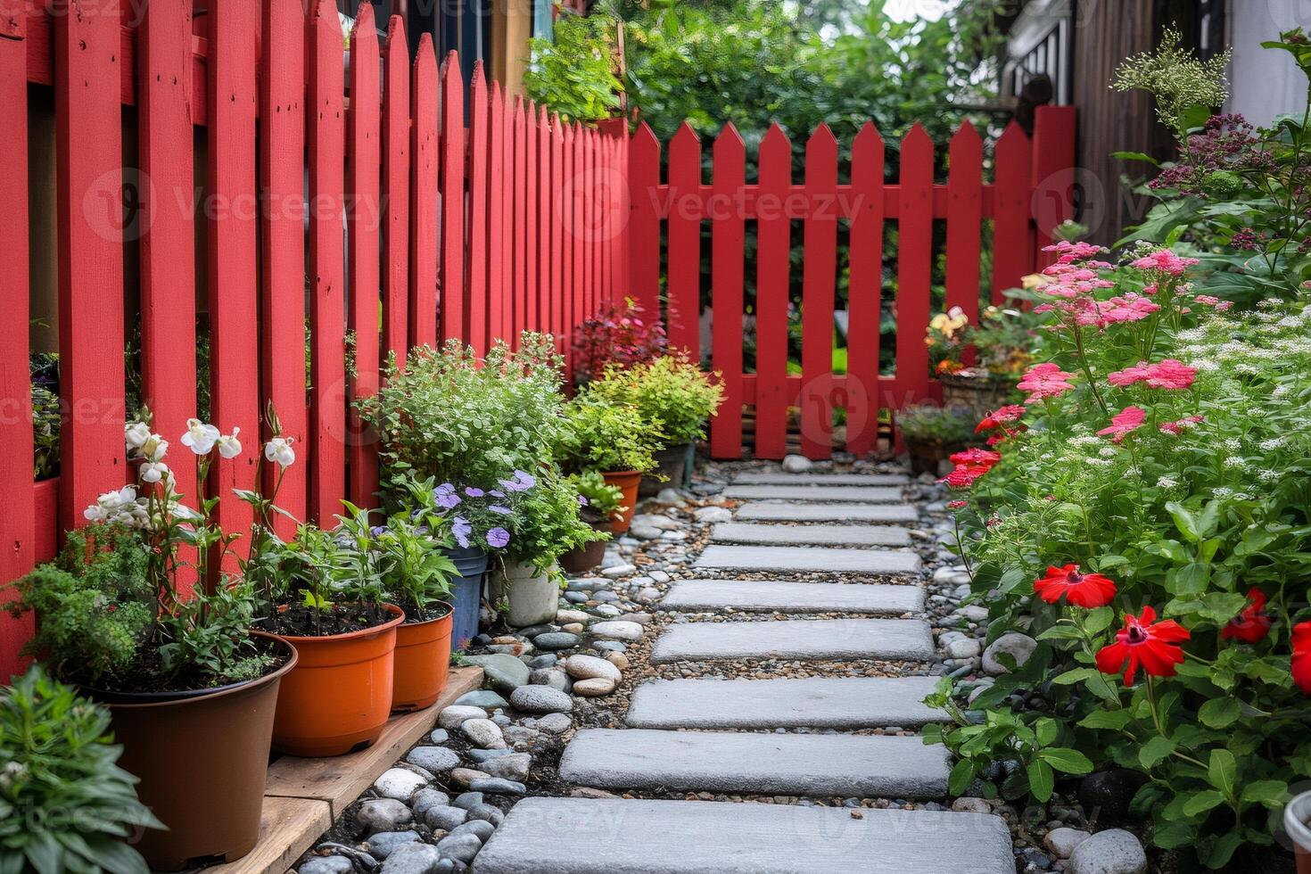 Red picket fence bordering stone pathway in lush garden photo