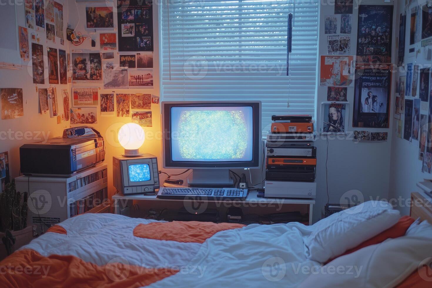 Vintage bedroom showing old computer and television set with vhs tapes photo