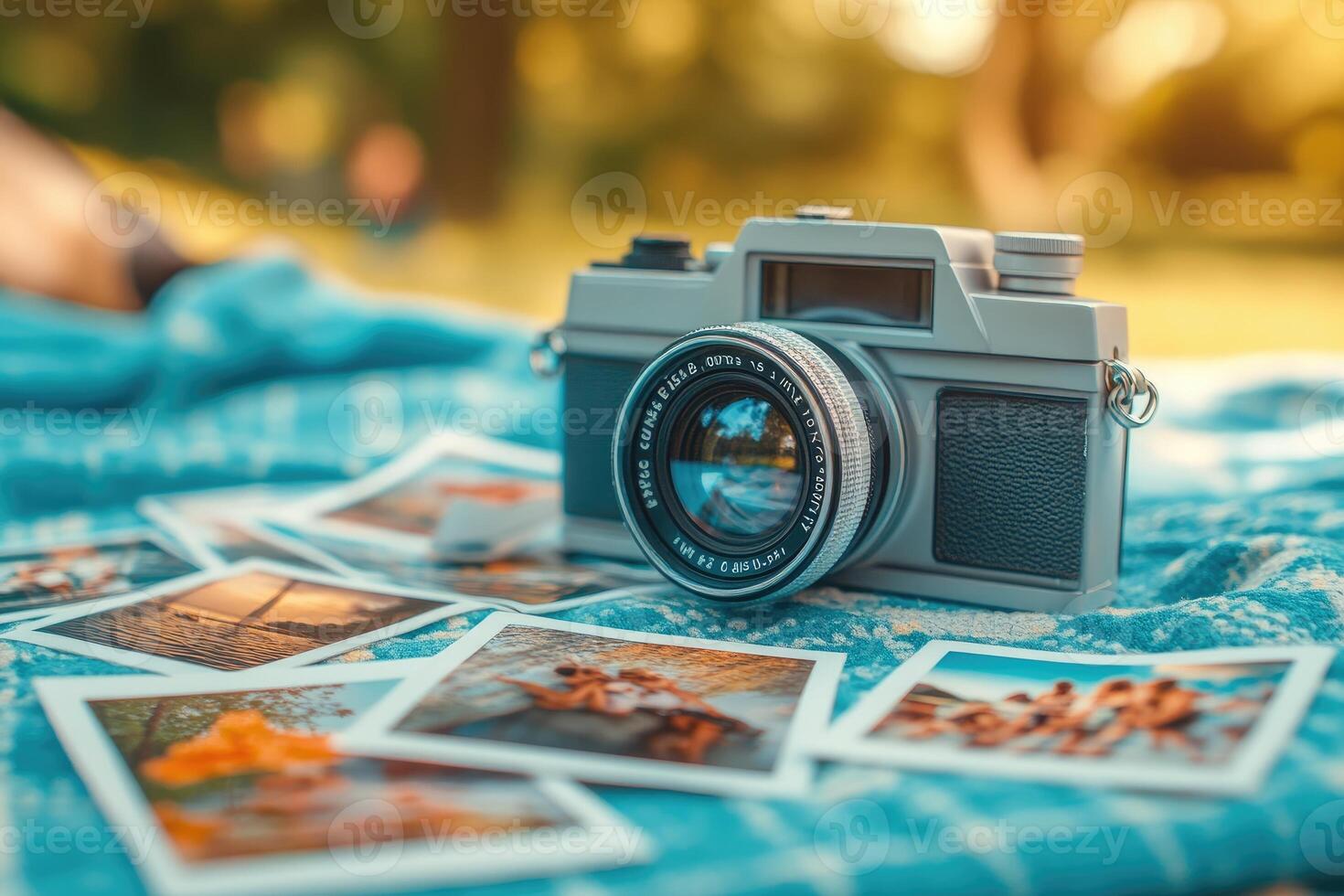 Vintage camera displaying cherished memories on a blanket outdoors photo