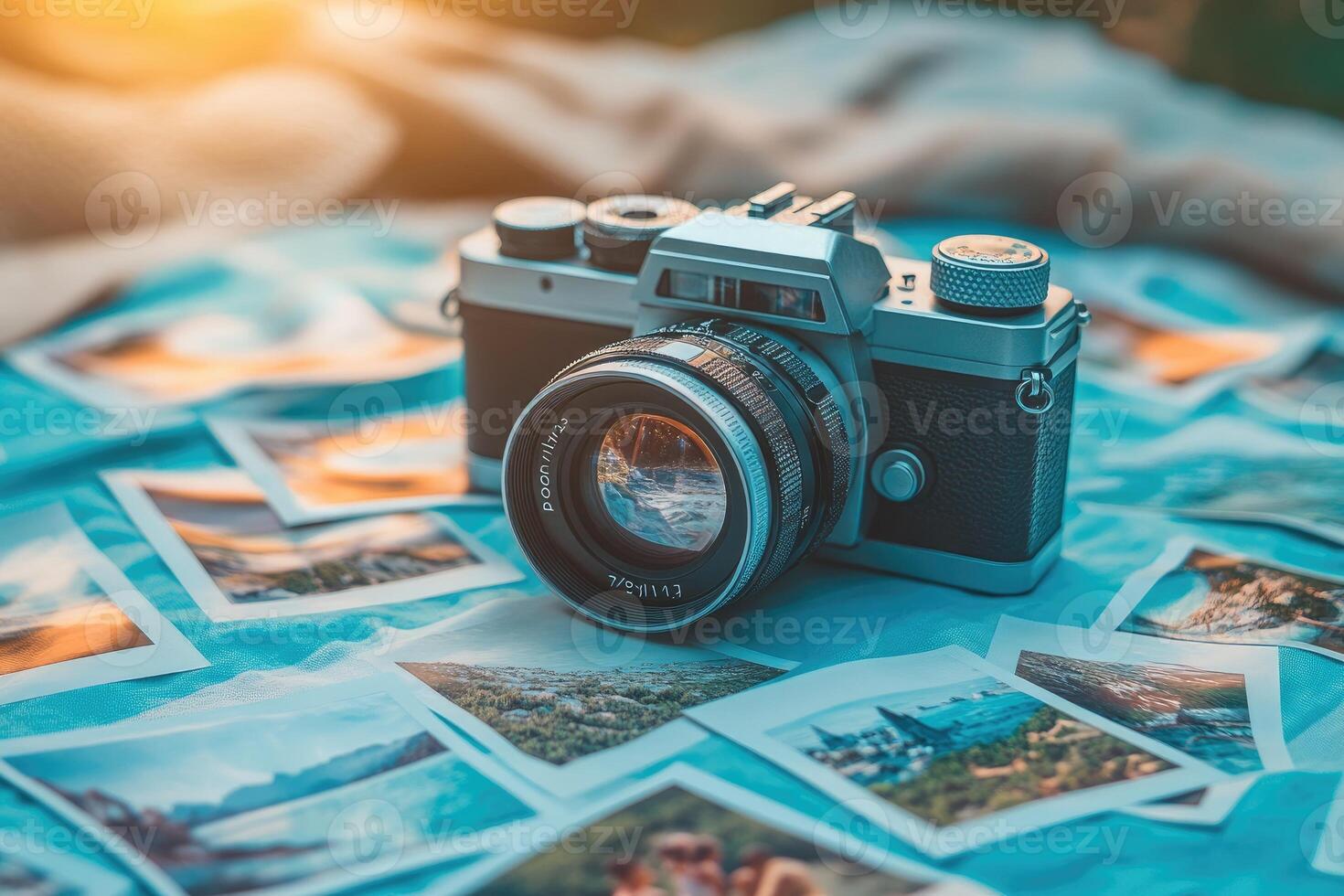 Retro style camera displayed on printed pictures from travel adventures photo