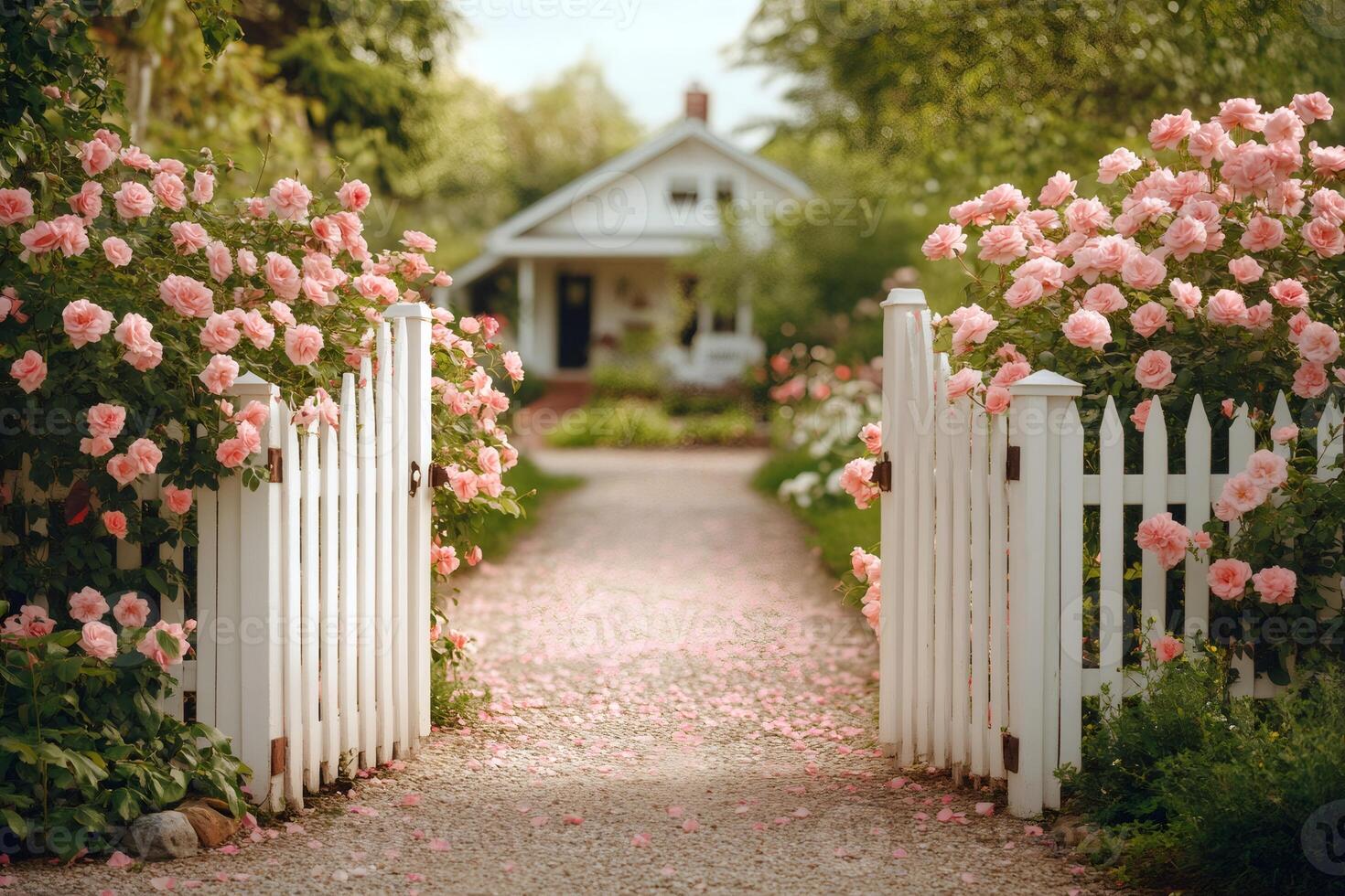 Pink roses growing on white picket fence leading to cozy house photo