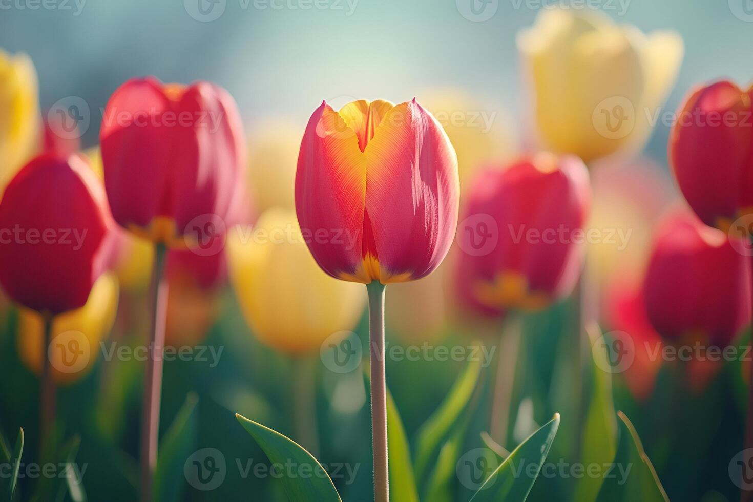 Red and yellow tulip blooming in a field of colorful flowers photo