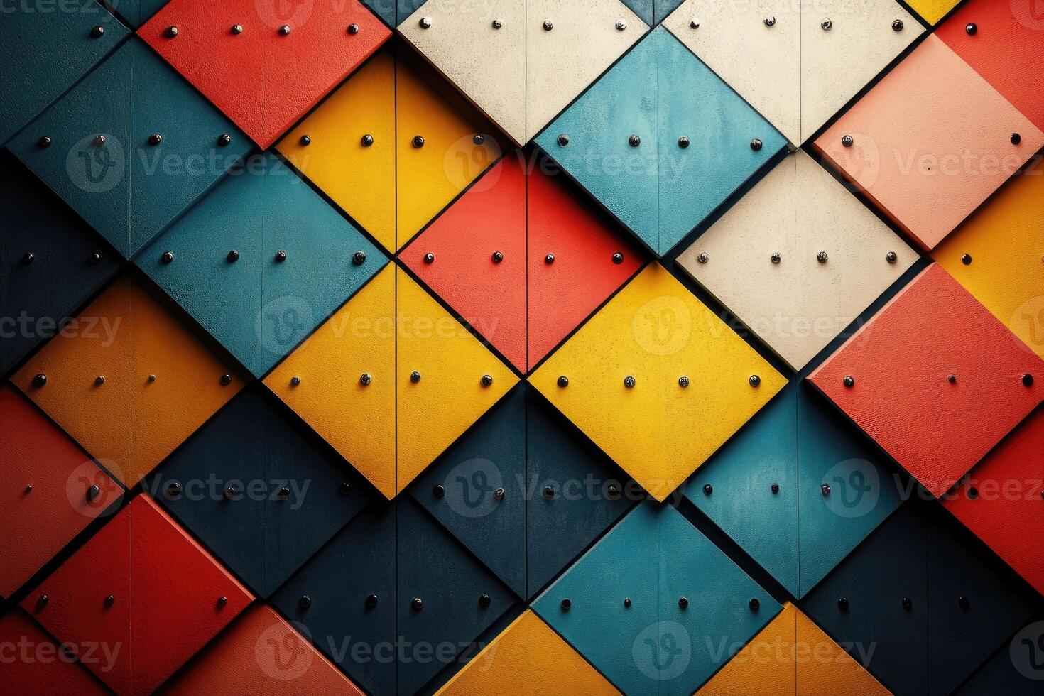 Colorful diamond pattern wall with rivets creating visual interest photo