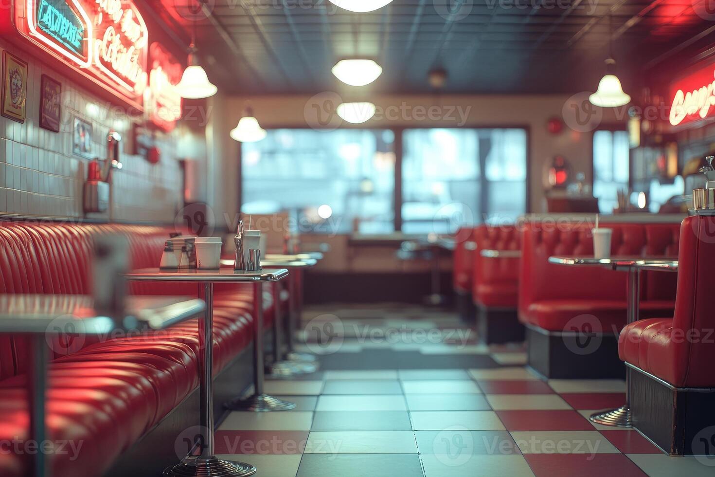 Empty retro american diner interior with red booths and neon signs photo