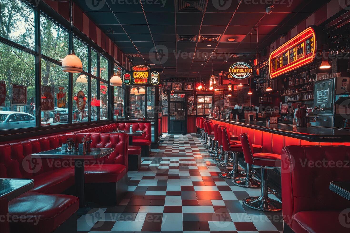 Empty retro american diner restaurant interior design with red furniture photo