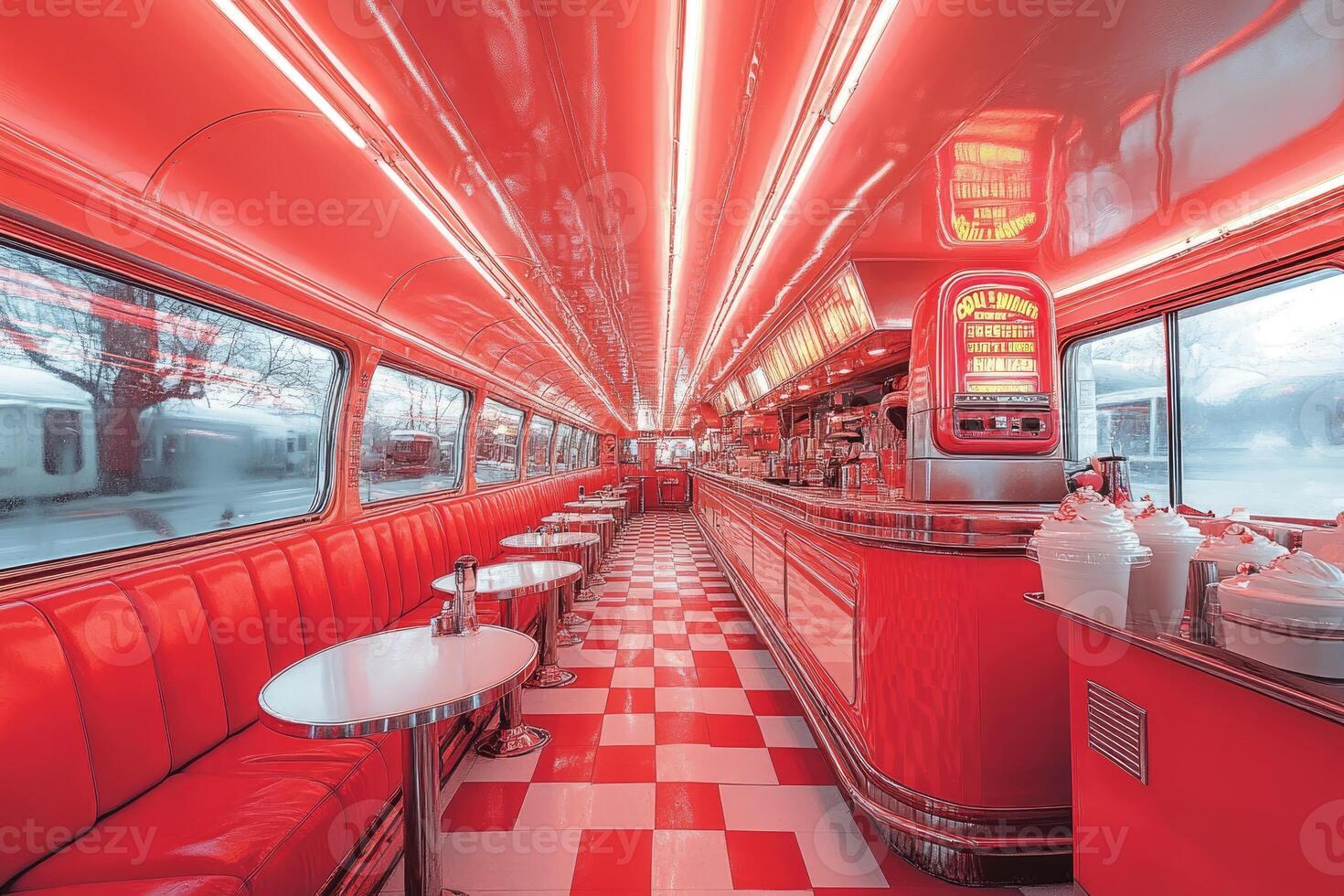 Red retro american diner interior inside a train carriage photo