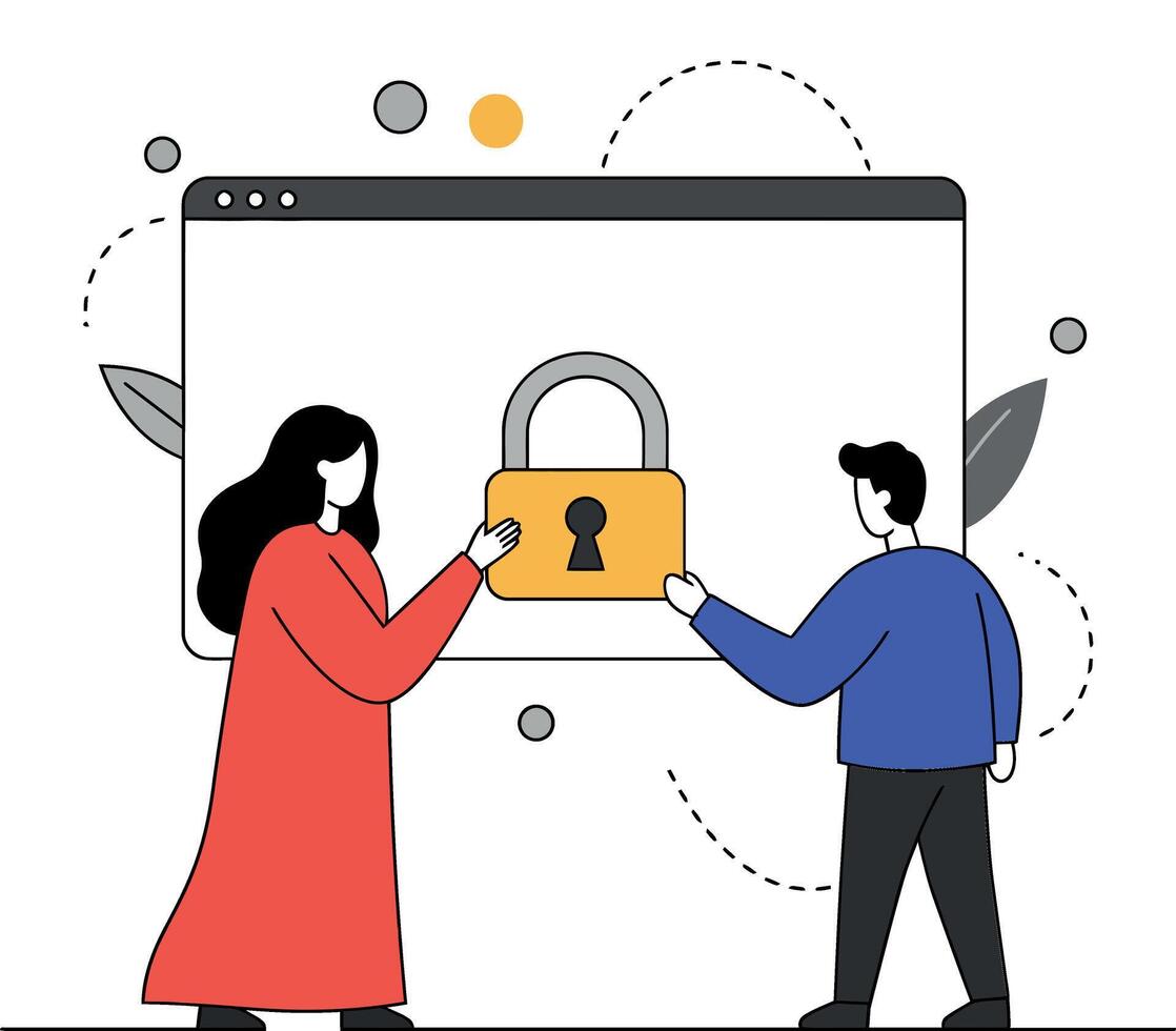 Two individuals exchanging a golden lock in front of a digital screen, minimal and modern illustration vector