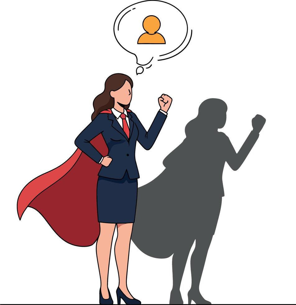Confident businesswoman in a superhero cape striking a powerful pose in flat art vector