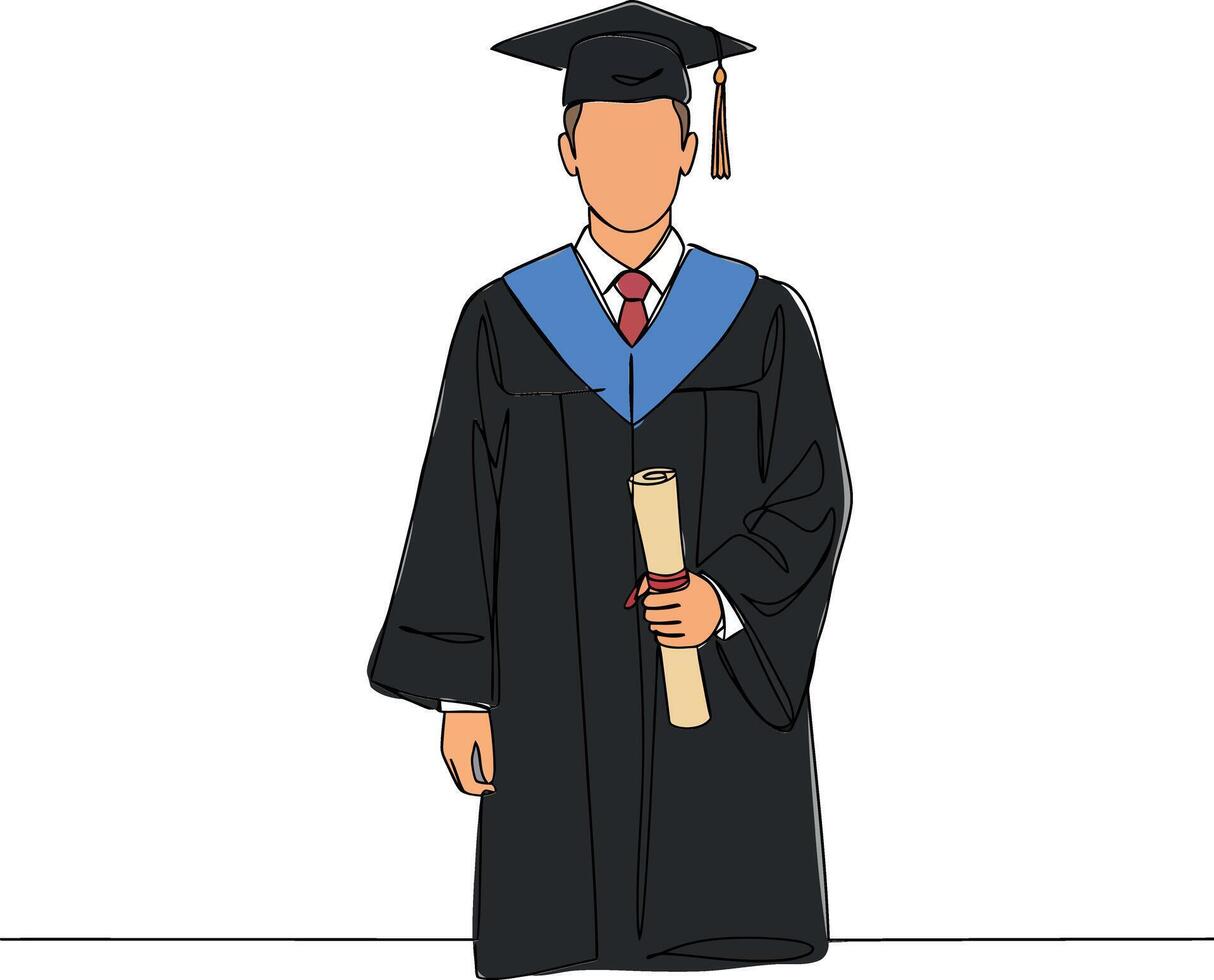 Graduate in black gown and cap holding diploma in flat illustration vector