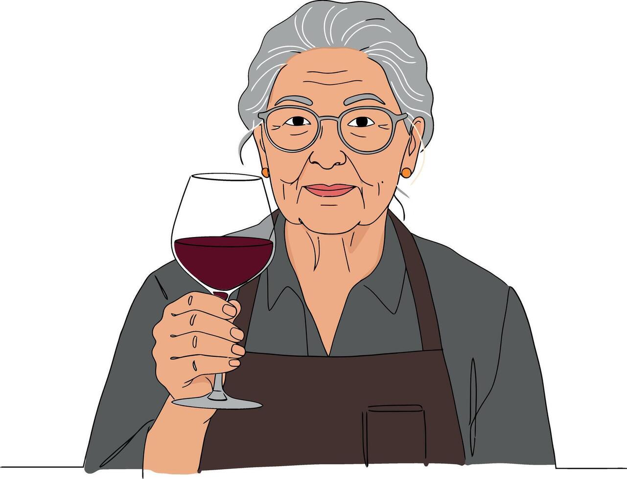 Elderly woman smiling while holding a glass of red wine in a flat illustration vector
