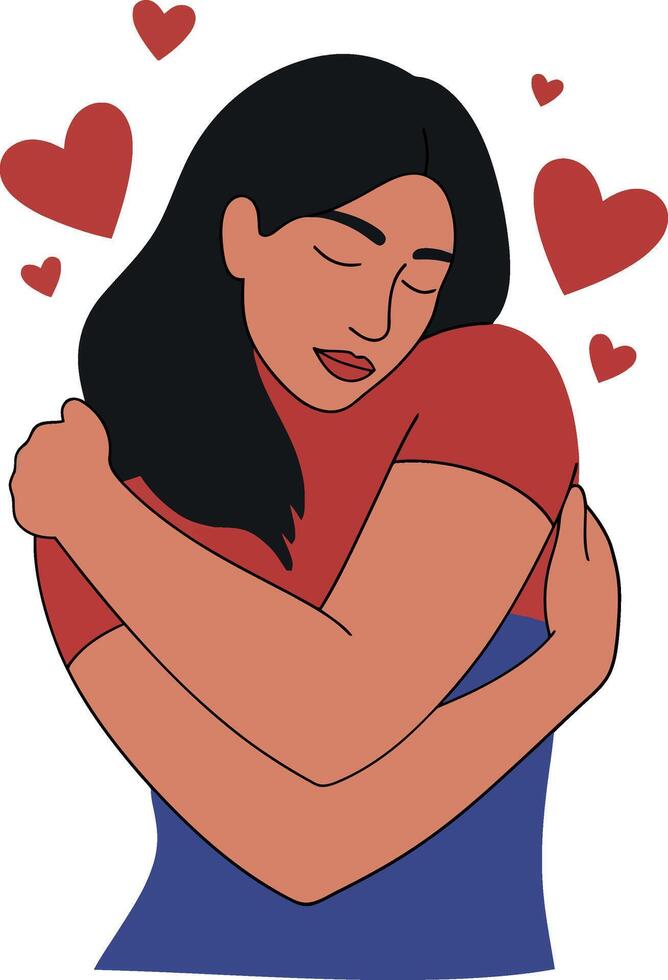 A woman embracing herself in a joyful expression with red hearts, flat illustration vector