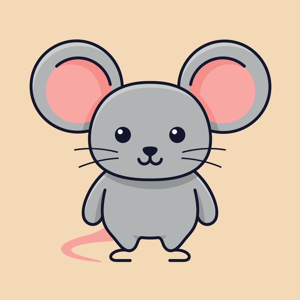 Cute gray mouse character with oversized ears in flat design art vector