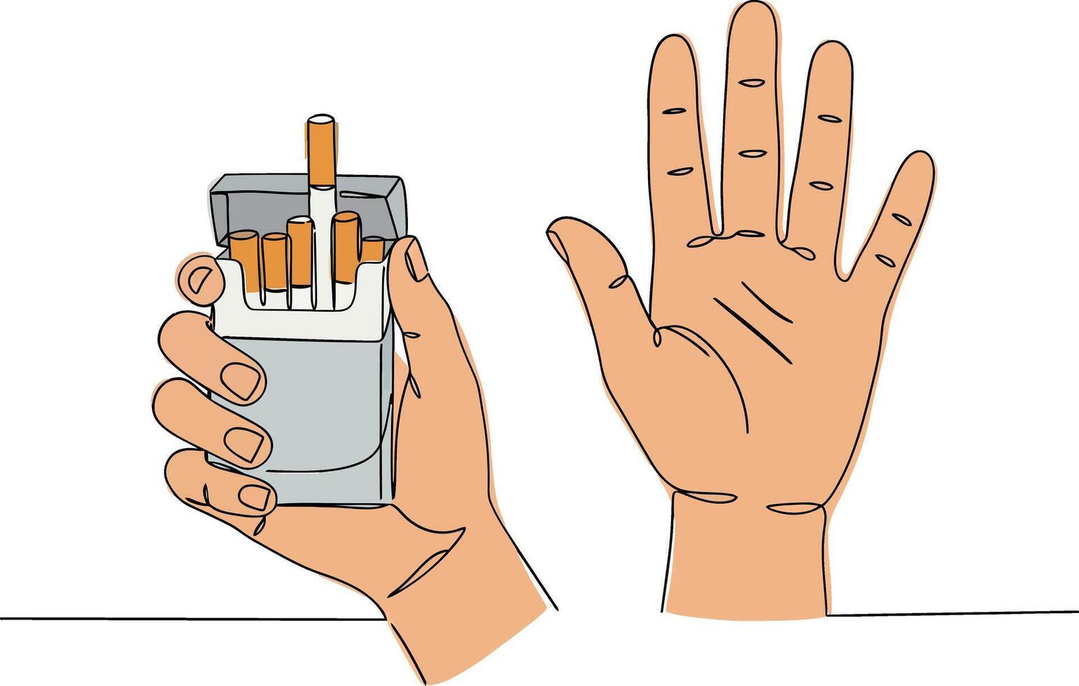 Hand holding a cigarette pack with raised palm in minimal illustration vector