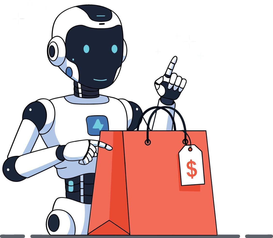 Robot holding a shopping bag with a dollar sign in a flat illustration style depicting modern retail interaction vector