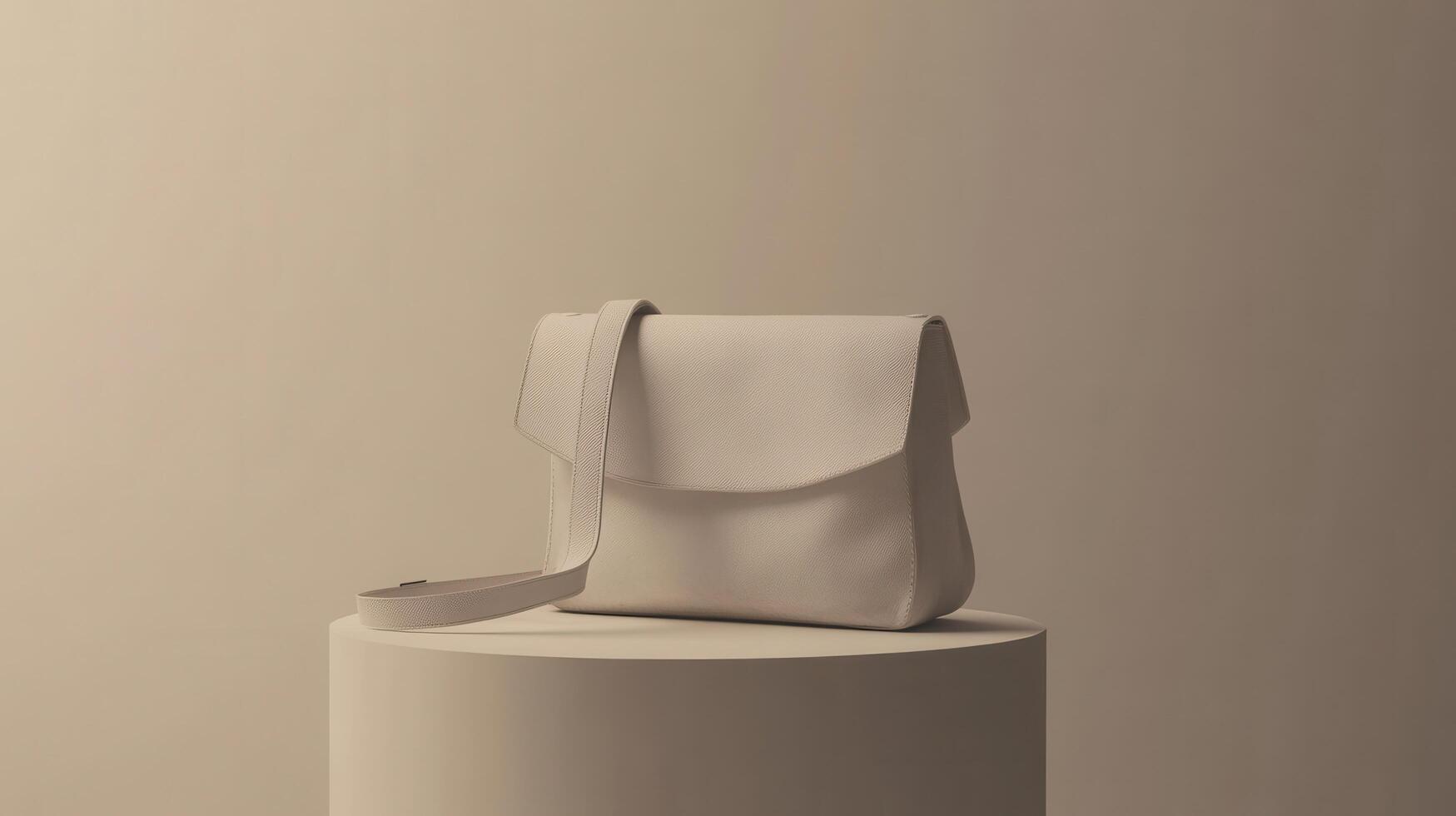 A white purse on a pedestal in front of a beige background photo