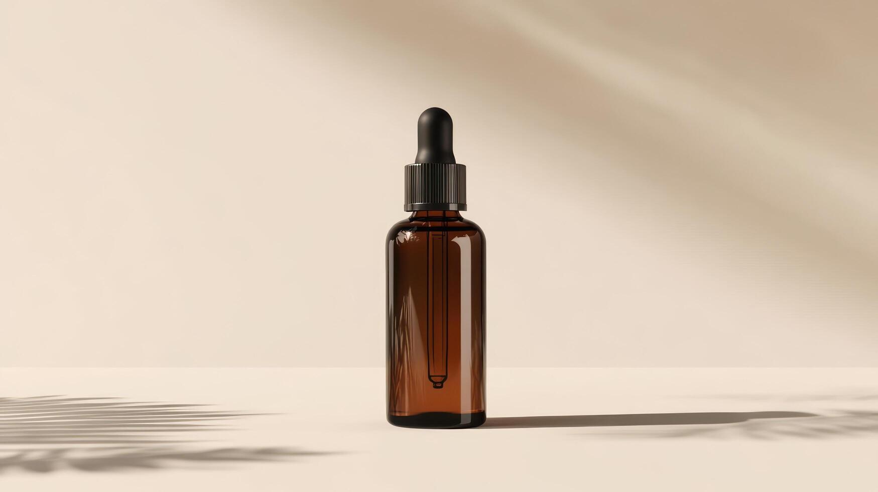 Amber glass dropper bottle with serum or essential oil, minimalist aesthetic, studio shot. photo