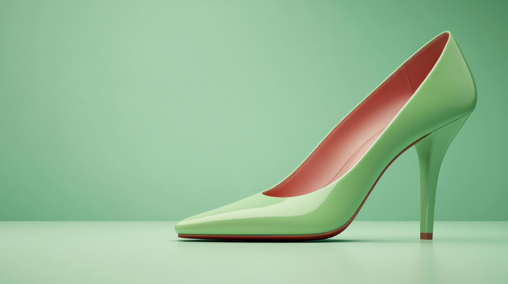 A bright lime green high heel shoe on a mint green surface. photo