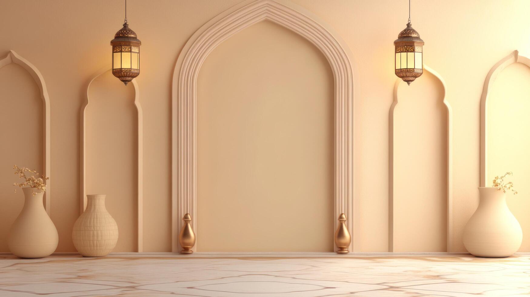 Beige, Arabian-style interior with arches and lanterns. Empty space for product placement. photo